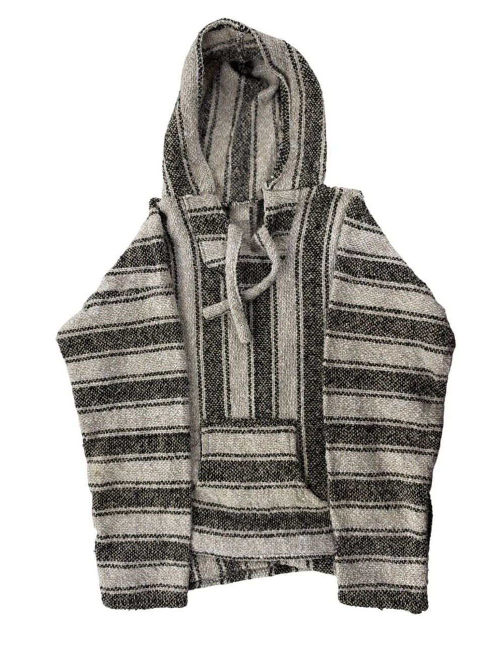 Mexican Baja Hoodie Pullover Black & White Striped Medium Cotton Blend Unisex